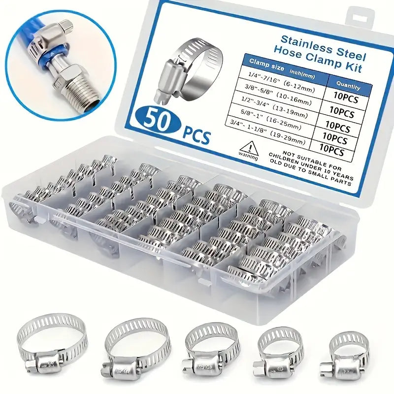 50-delni set nerjavečih cevnih objemk (6–29 mm) – črvni vijak (worm gear), škatla z razdelki