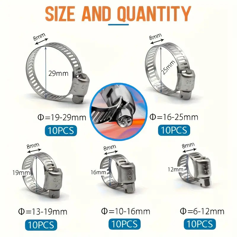 50-delni set nerjavečih cevnih objemk (6–29 mm) – črvni vijak (worm gear), škatla z razdelki