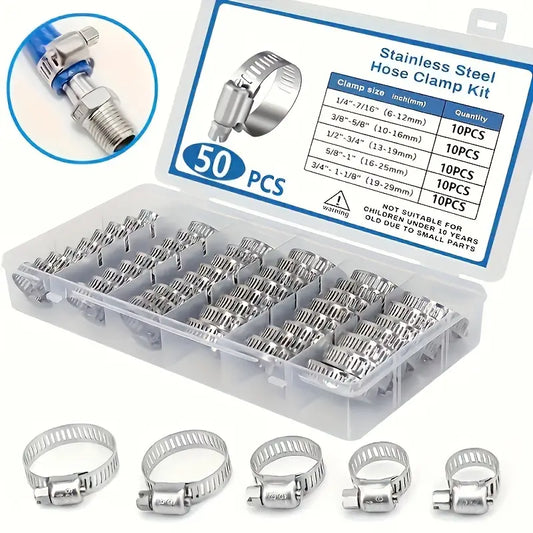 50-delni set nerjavečih cevnih objemk (6–29 mm) – črvni vijak (worm gear), škatla z razdelki